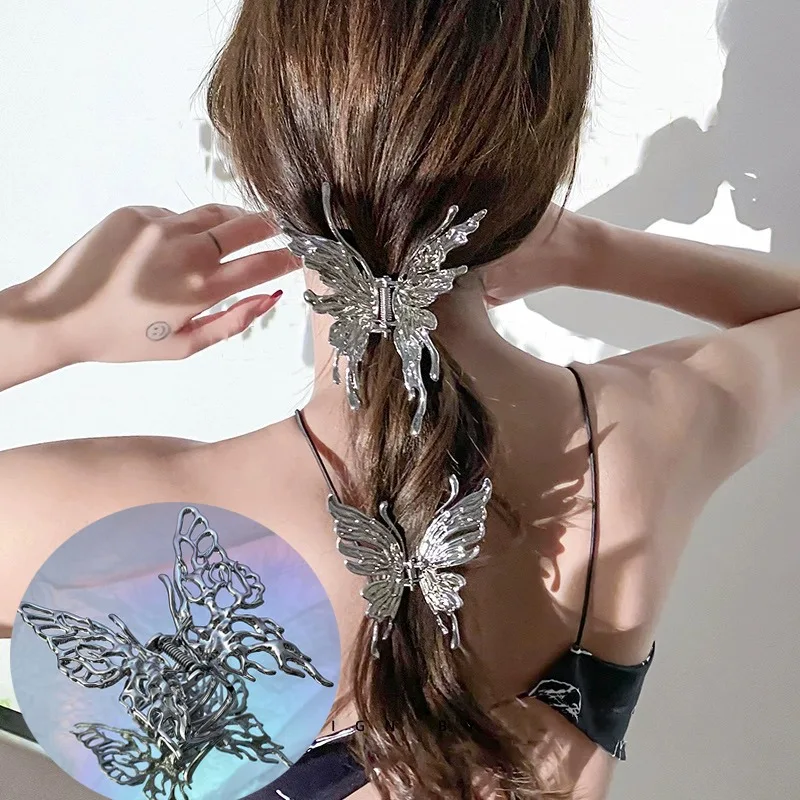 

Large Hollow Butterfly Hair Claws Silver Butterfly Hair Claw Punk Silver Color Metal Hairpins Fashion Shark Clips Accessories