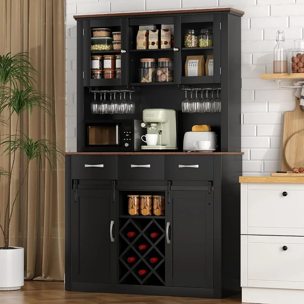 

72" Tall Farmhouse , Kitchen Pantry Storage Cabinet with Wine&Glass Racks, Hutch Buffet Cabinet with Drawers for Dining Room