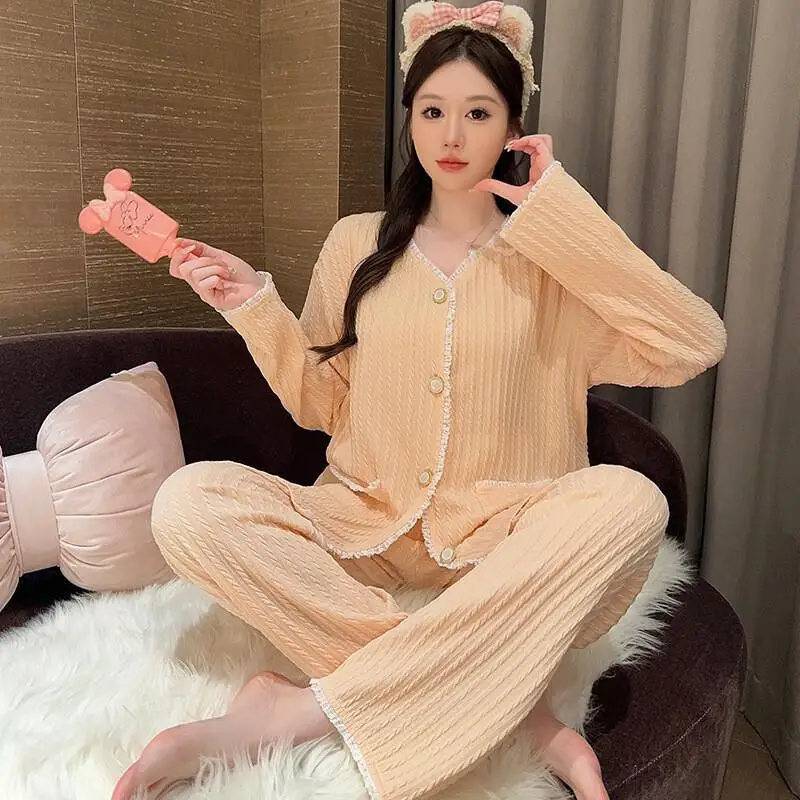 Hot Long Sleeved 2-Piece Set Pants Fragrance Style Cotton Plus Fat and Fit Large Size Pajamas Women Spring Autumn Jumpsuit Set