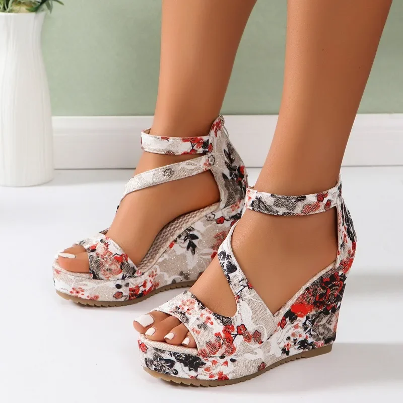 Damen Sandalen Sommer New Fashion Print Keil High Heel Sandalen Schnalle bequeme lässige Open Toe High Heel Schuhe große Mujer