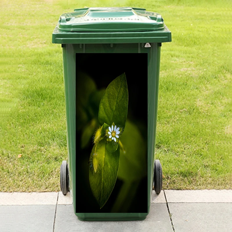 Natural Green Bamboo Forest with Beautiful Flowers Outdoor Trash Cans Stickers PVC Sticker Kitchen Decoration Exterieur