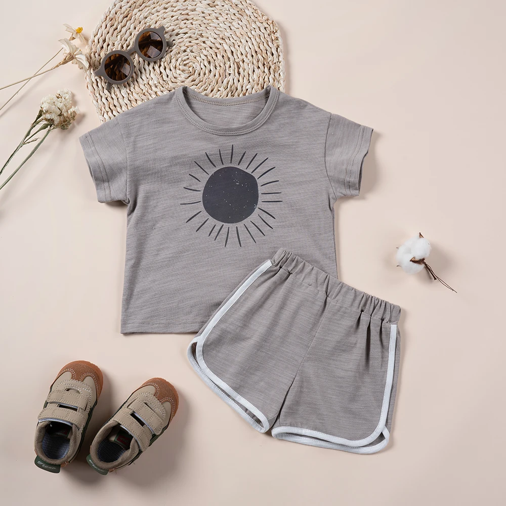 بدلة كاجوال مطبوعة بألوان قوس قزح كرتونية للفتيان والفتيات ، قطن ، تنفس ومريح ، أكمام قصيرة ، توب وشورت ، أطقم ملابس ، 2 * ، الصيف