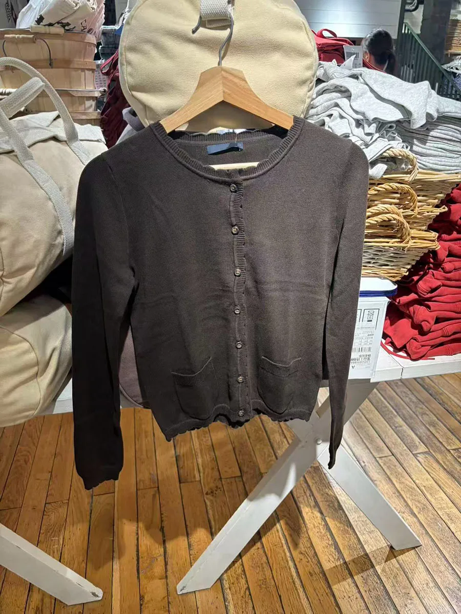 

Vintage Brown Pocket Cardigan Women Autumn Lace Trim O Neck Single Breasted Knitwear Preppy Style Simple Long Sleeve Sweater