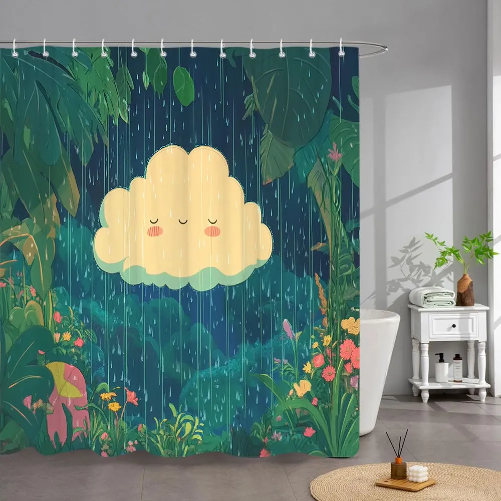 

1шт тропическая занавеска для душа с изображением дождя счастливым облаком и розовыми цветами - 70 шт. 86х70. 86-дюймовая полиэфирная ткань, 12 крючков, машинная стирка