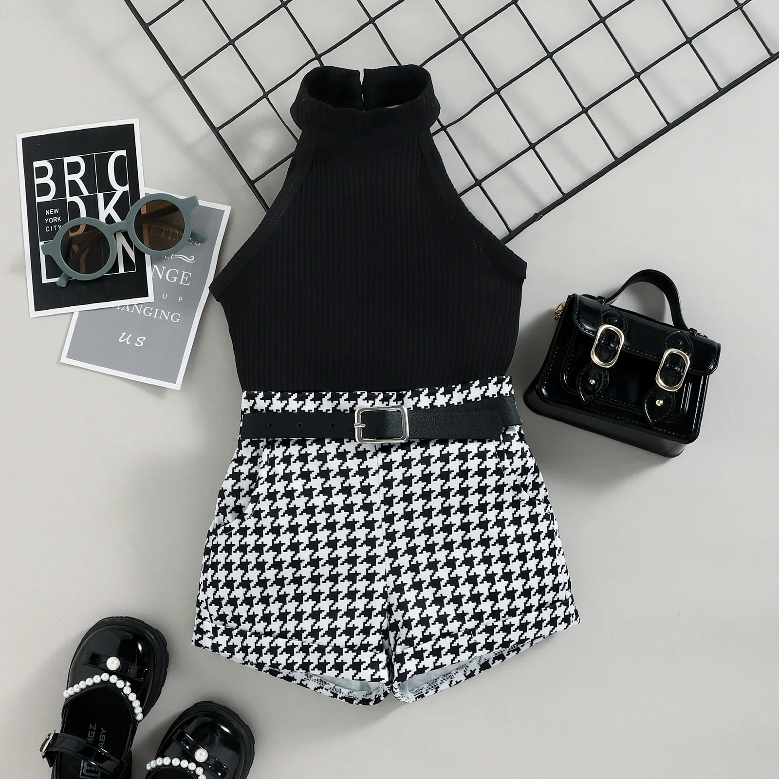 Set pakaian anak perempuan, setelan atasan Crop dan celana pendek Houndstooth musim panas keren untuk anak perempuan + sabuk kulit