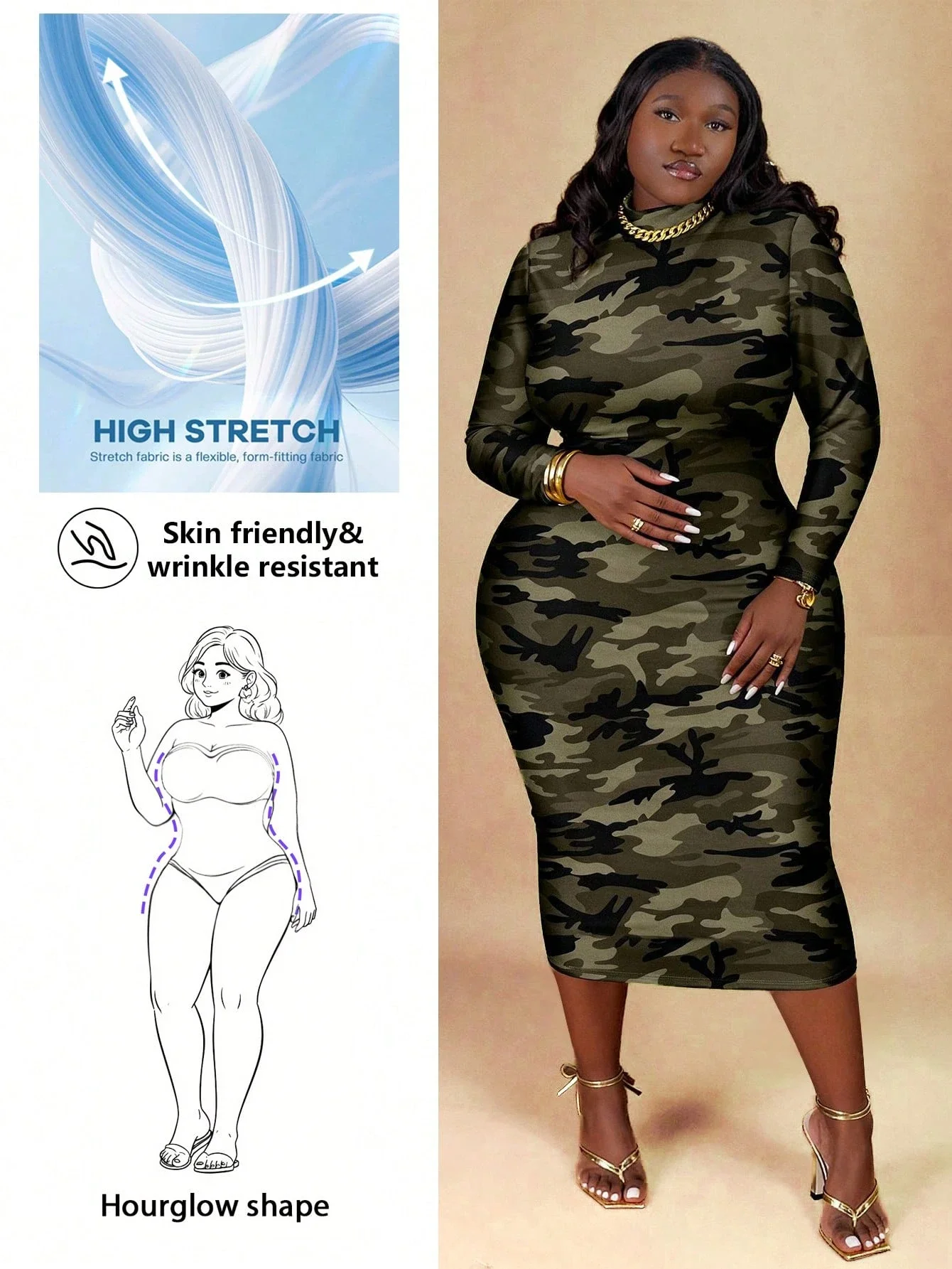

Платье с камуфляжным принтом, облегающее, с длинными рукавами и круглым вырезом, для фигуры типа «песочные часы»