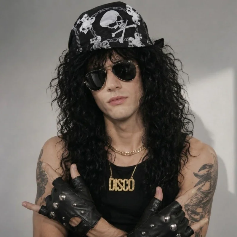 

80s Rock Disco Costume Set: Black Curly Synthetic Wig with Sunglasses, Bandana, Gloves, Necklace & Gold Chain,Retro Party Outfit