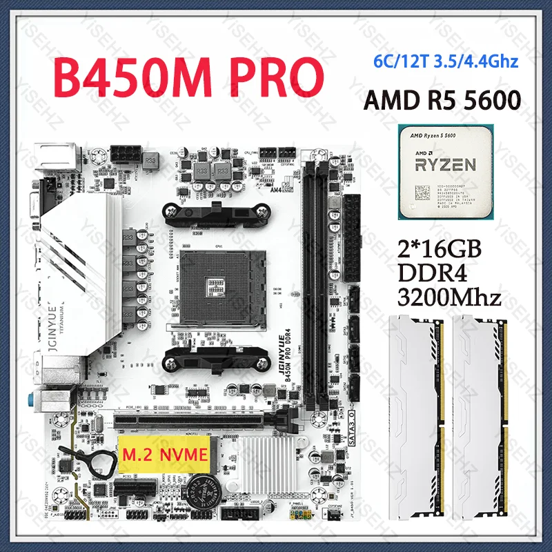 JGINYUE B450M PRO AM4 마더보드 세트, AMD Ryzen R5 5600 CPU 프로세서, 2*16GB = 32GB DDR4 듀얼 채널 메모리 RAM M-ATX 