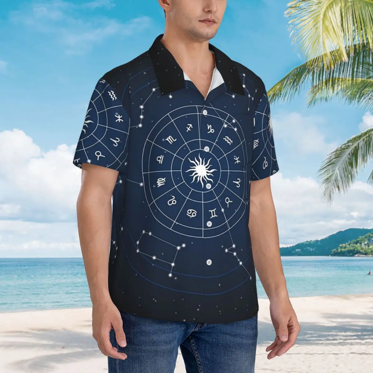 Sternzeichen Sternbilder Weltraum Hawaiian Shirts Lustiges Herren Kurzarmshirt für Sommer Strand Herren Button Tops