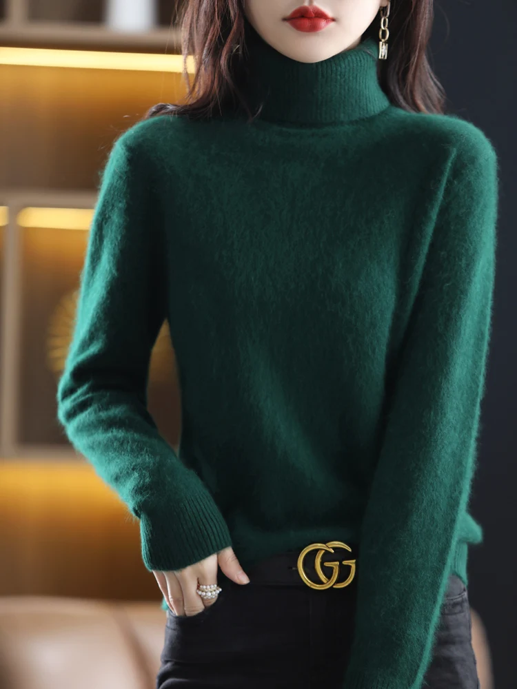 Autumn Winter New 100% Mink Cashmere Sweater Women\' Lapel Thick Knit Pullover Casual Large Size Tops Short Turtleneck Base Shirt