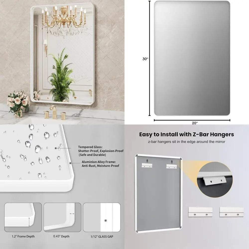 

Большое белое металлическое зеркало для ванной 20x30 дюймов, настенное крепление, устойчивое к ржавчине, универсальные варианты подвешивания