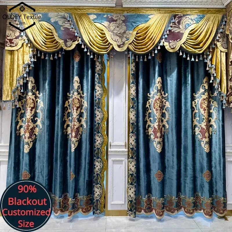 European Luxury Palace Blue Velvet Blackout Curtains for Living Room Bedroom White Tulle Valance Embroidered Custom Home Decor