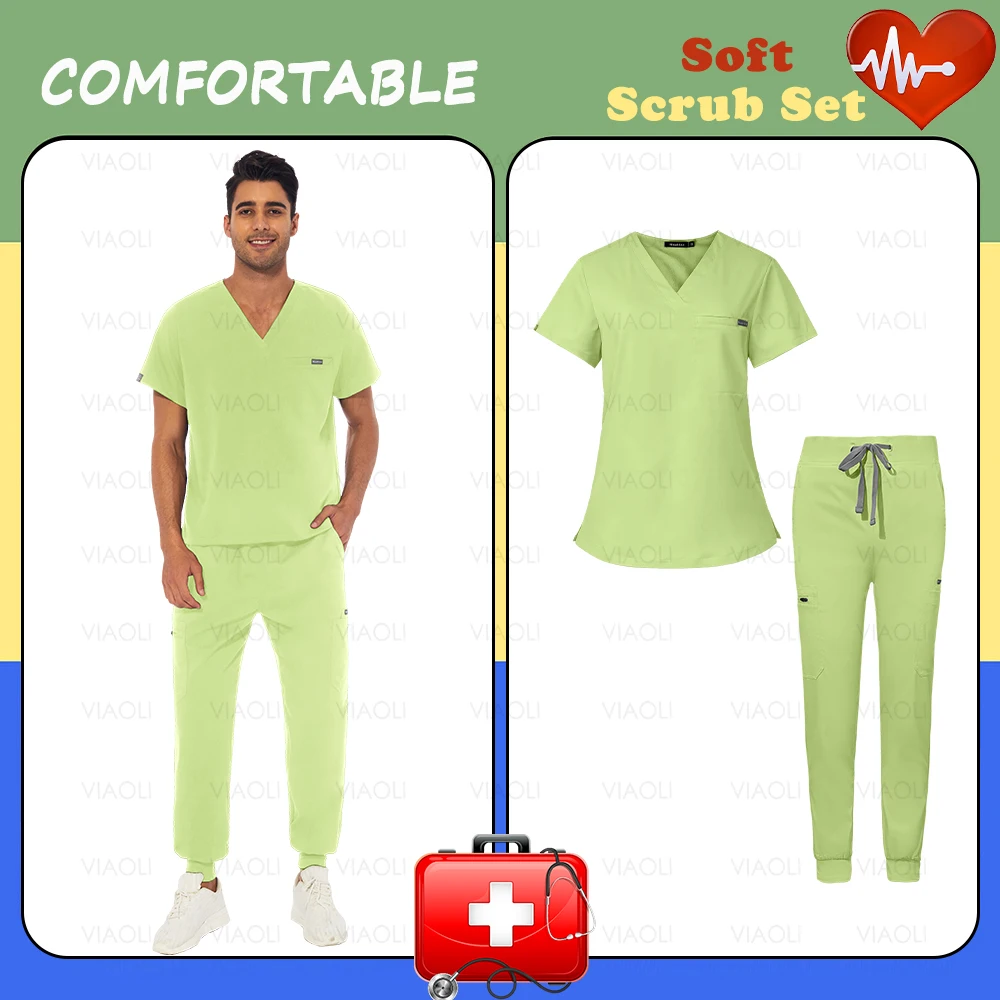 Unisex Uniformes Cirúrgicos, Conjunto de Enfermagem Médica, Pocket Top, Calça Jogger, Uniforme Dentista Dentista, Roupas de Enfermagem Clínica, Alta Qualidade