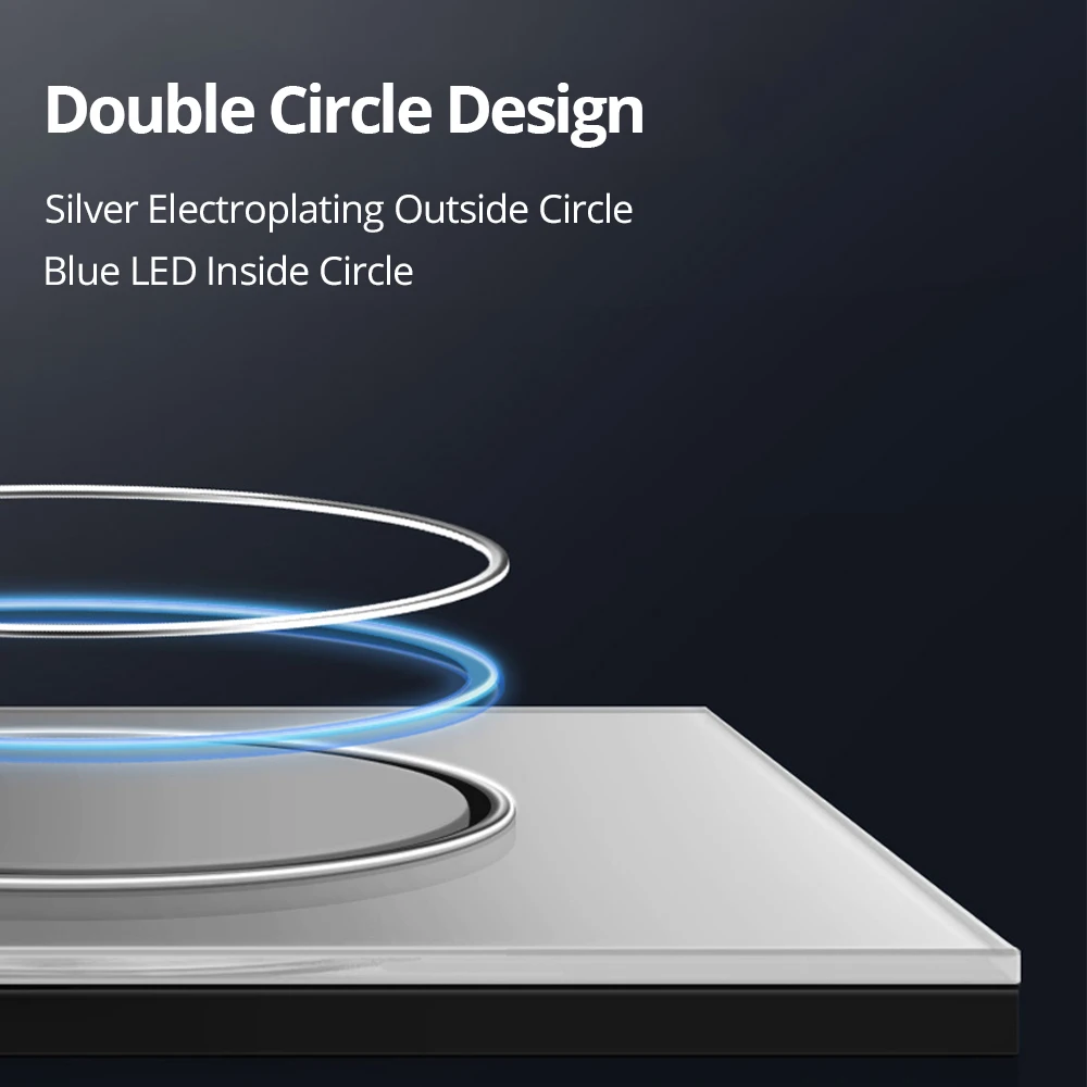 Wallpad Grey Glass Panel With Large Circle LED Indicator Wall Light Switch and Socket Round Push Button Electric Outlet