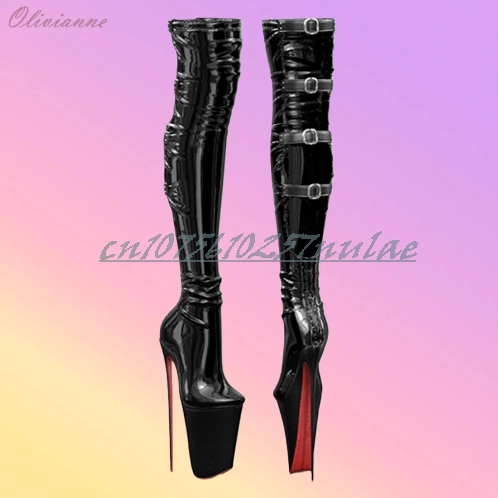 

Black Back Buckle Belts Strap Knee High Boots Platform Shiny Leather Stiletto High Heel Women Shoes 2026 Sexy Hot Para Mujere