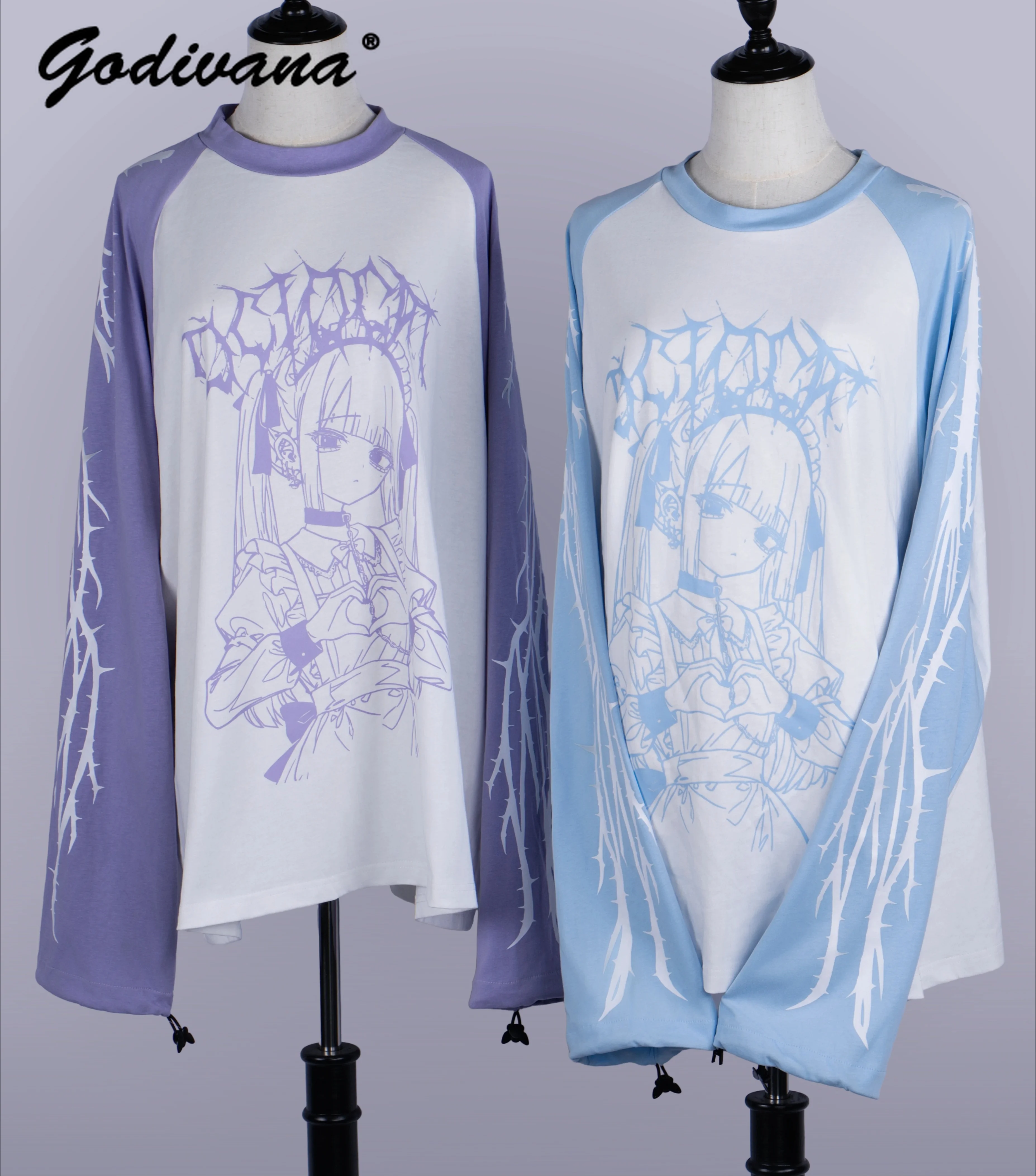 Original Y2k Maid Print Cotton Super Long Sleeve Top Spring and Autumn Female Girls Oversized T-shirt Gothic Tee Tops