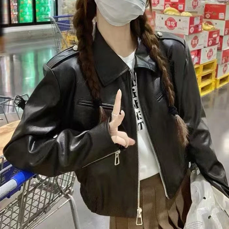 

Vintage Black Pu Leather Short Jacket Women Streetwear Zipper Up Long Sleeve Jackets Woman Spring Autumn Turn Down Collar Mujer