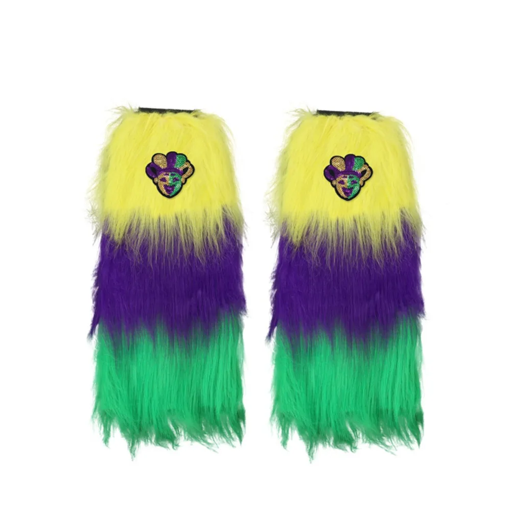 1 Pair Faux Fur Furry Leg Warmers Yellow Green Purple Mardi Gras Long Tube Sock Sequin Thickened Knee High Girls Socks Women