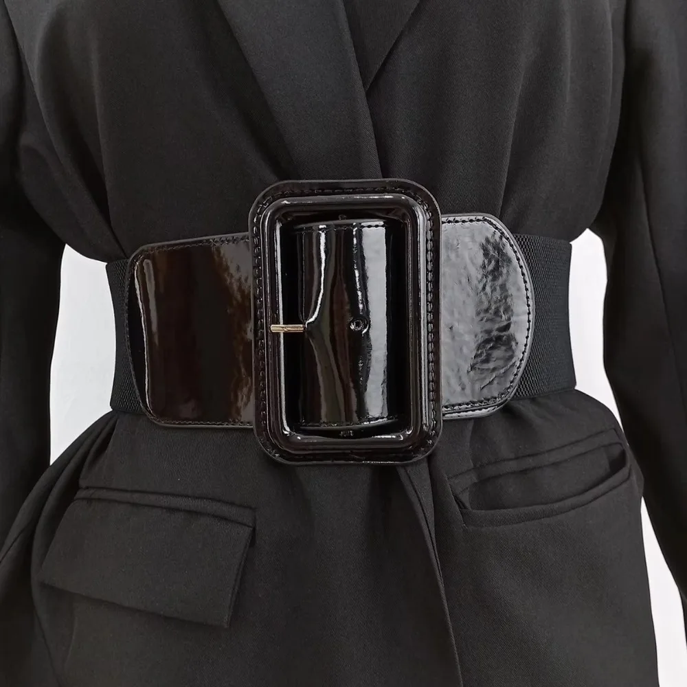 Vintage Plus Size Stretch Cummerbunds Elastic Leather Corset Belt High Quality Square Buckle Dress Waistband For Women