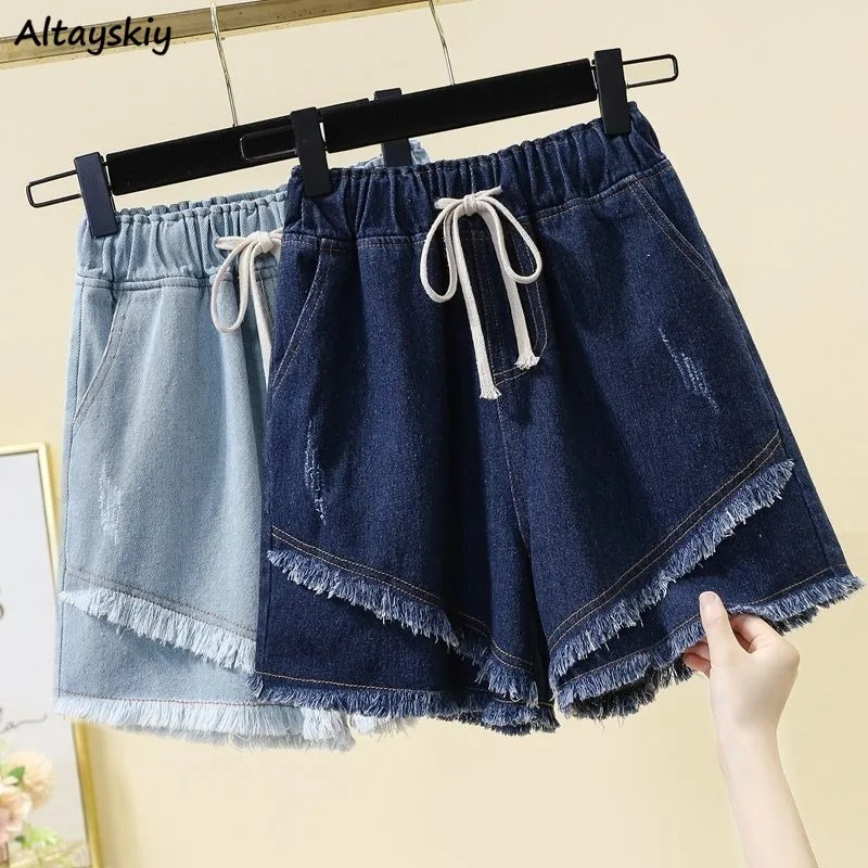 

Denim Shorts for Women Korean Style Young College Girls Clothing Summer Elastic Waist Fashion Soft Loose Streetwear Chic Pockets