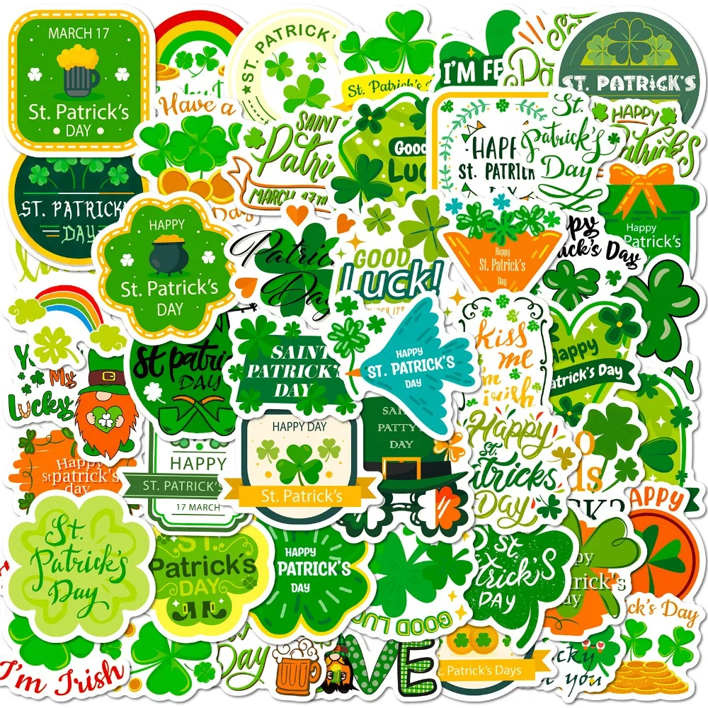 50PCS Happy St. Patrick's Day Graffiti Stickers - Waterproof Vinyl Green Four-leaf Clover Decals for Laptops Water Bottles