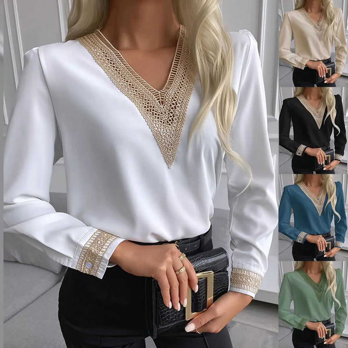 

Women's V-neck Lace Blouse Long Sleeve Shirt Polyester Fabric Fashionable Elegant Style Spring Collection Non-deformable