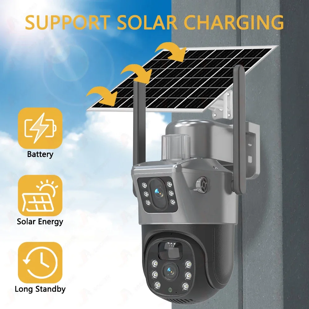 4K 4G karta SIM podwójny obiektyw kamery solarne 8MP bezprzewodowy monitoring PTZ kamera akumulatorowa kolorowa noktowizor wykrywanie PIR V380 Pro