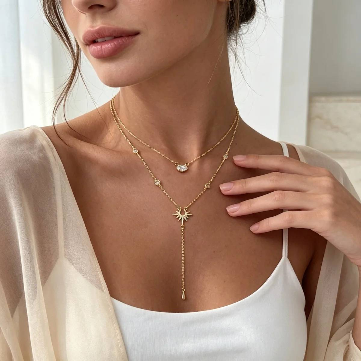 Doppelschichtige Strass-Geometrische Sonnenanhänger-Halskette in Y-Form für Frauen, Eleganter Rhombischer Sonnenblumen-Choker, Partyschmuck – Detail 10