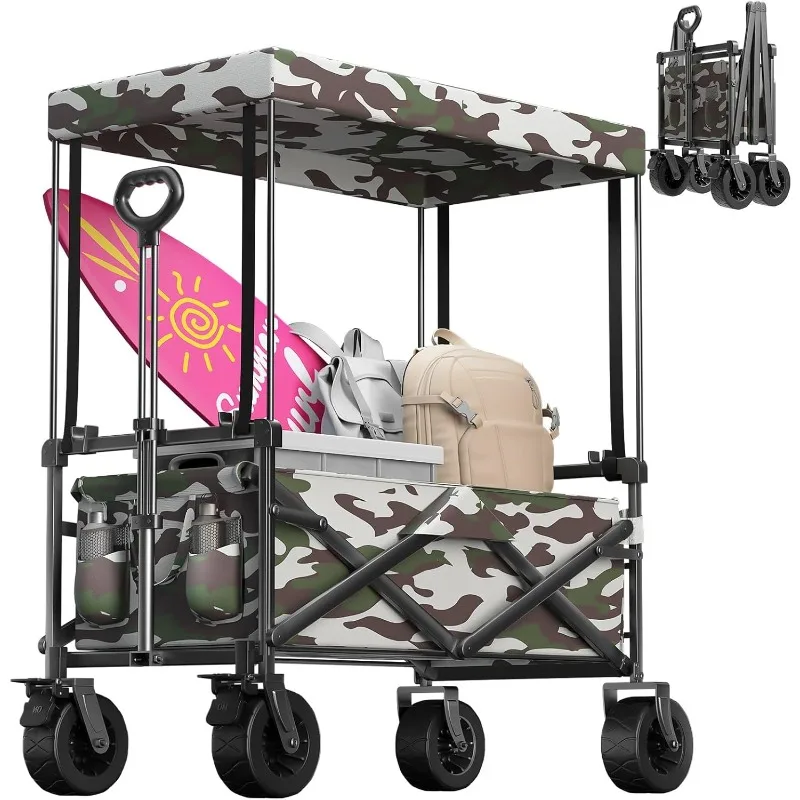 

Double Decker Collapsible Wagon, 500lbs Capacity Wagons Carts Foldable, Grocery Cart on Wheels for All-Terrain, Foldable Utility