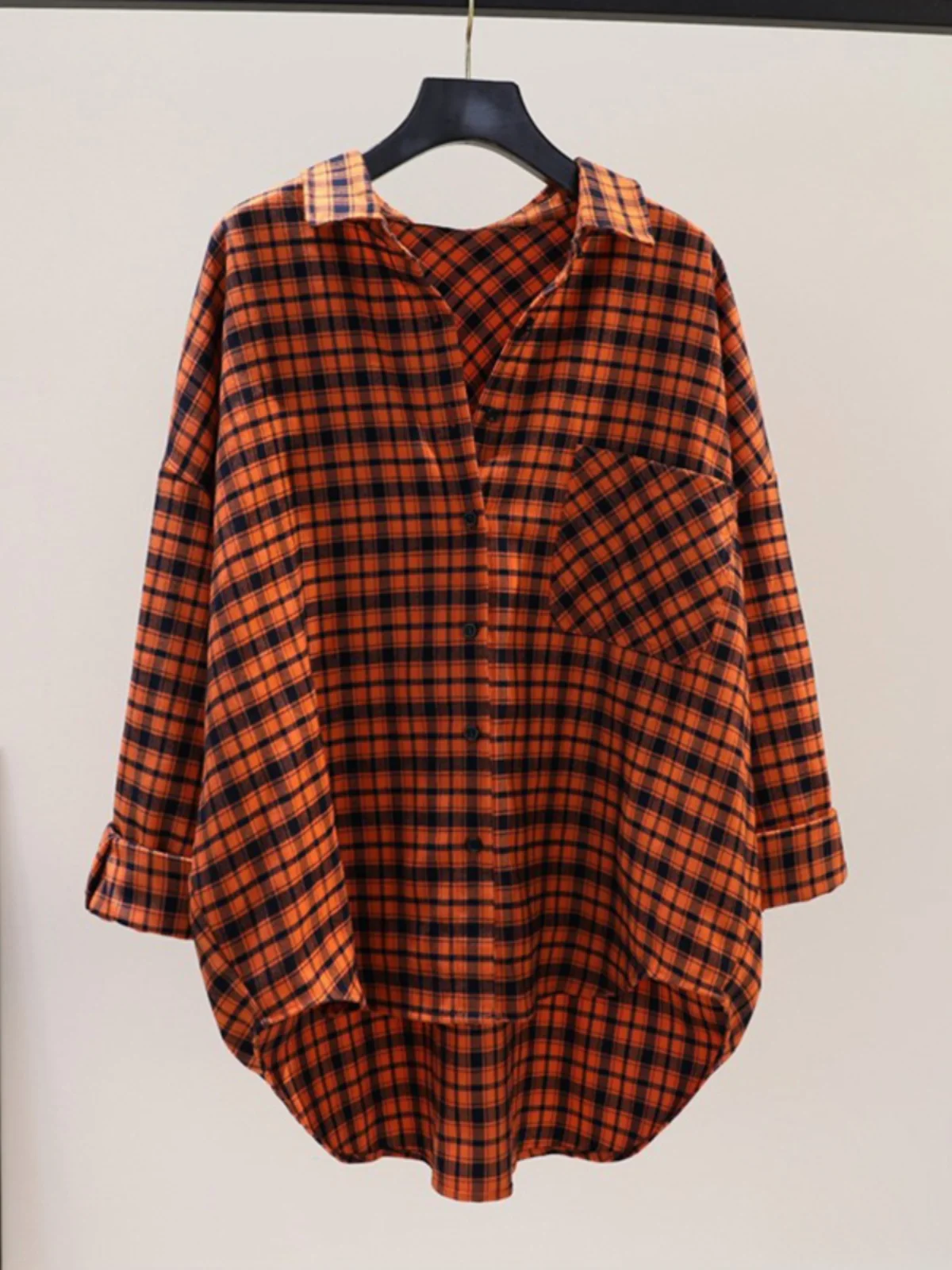 

Women's Plaid Flannel irt Coat een Loose Large Size Mid-Length Long Sve Top Korean Sle Commute Faion Collar