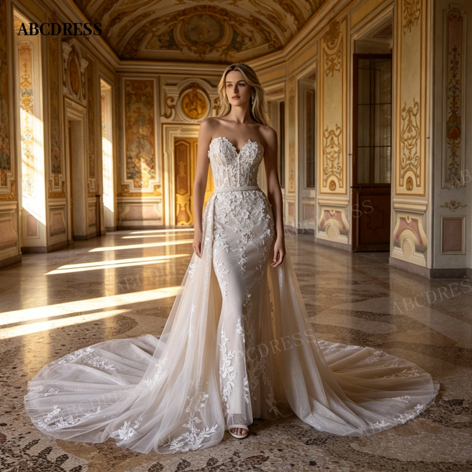 ABCDRESS Customized Elegant Starpless Mermaid Wedding Dress Lace Tulle Bridal Gown Romantic Detachable Train Vestido De Novia