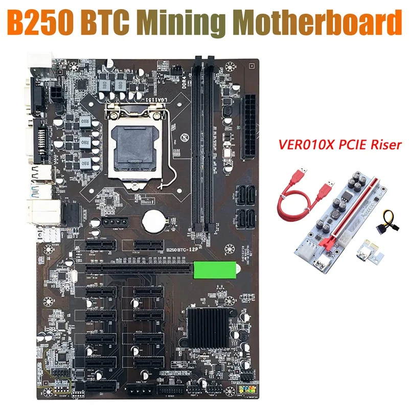 BTC B250 Mining Motherboard With VER010X PCIE Riser 12Xgraphics Card Slot LGA 1151 DDR4 USB3.0 For BTC Miner Mining