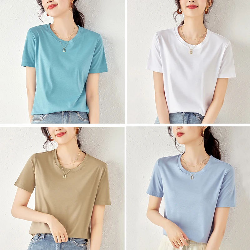 

2024 Summer Soft Silk Cotton Women's T-shirts O-neck Short Sleeve T-shirt Solid Tops Woman T shirts Female Basic Tee Shirt