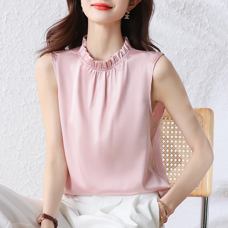 

French Style for Women, Ruffled Silk Satin Pleated Sleeveless Stand Collar Blouse Vest