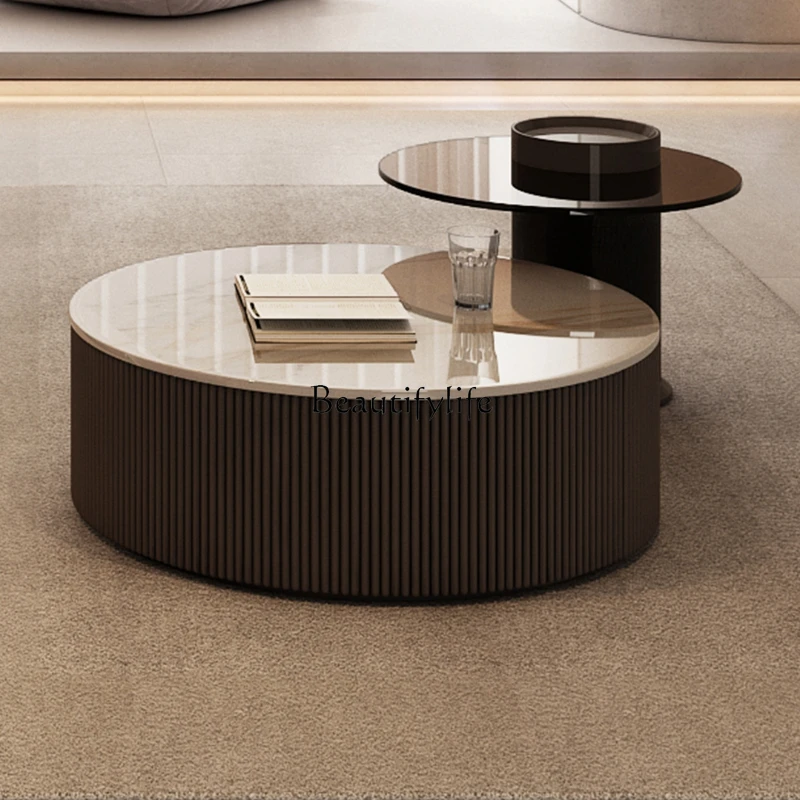 

Stone Plate Coffee Table round Simple and Light Luxury Modern Living Room Tempered Glass Side Table