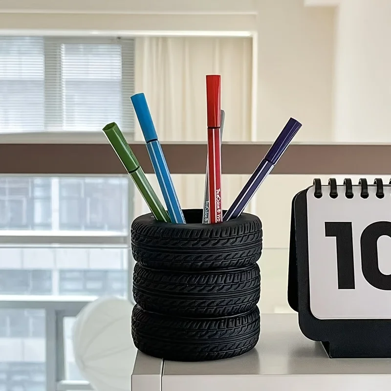 1pcs Fun Tire-Shaped Pen Holder -PVC Desk Organizer, Ideal for School and Office Supplies, Painted Finish, Office Supplies view 4