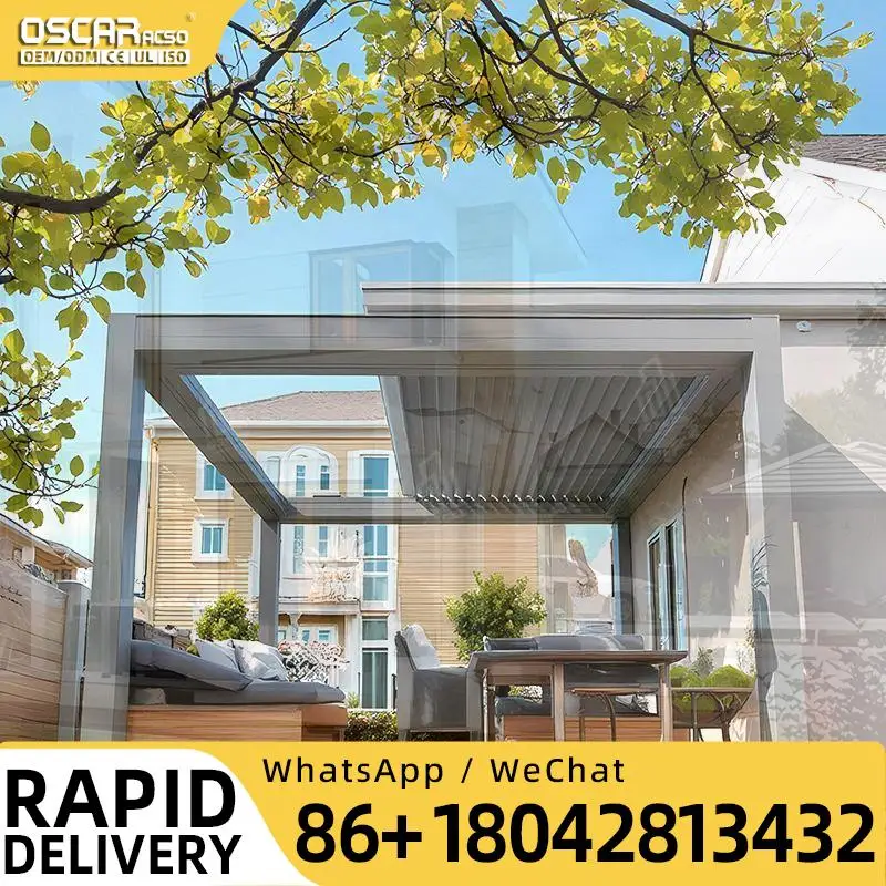 6x3 m Patio Bioclimatic Louvered Roof Pavilion with Remote Control for Exterior and House Attachment Louver Pergola