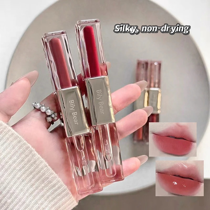 Color Holding Double Headed Lip Gloss (Matte Mirror Finish, Double-Layer Lip Makeup, Girls' Korean Makeup Does Not Fade in Daily