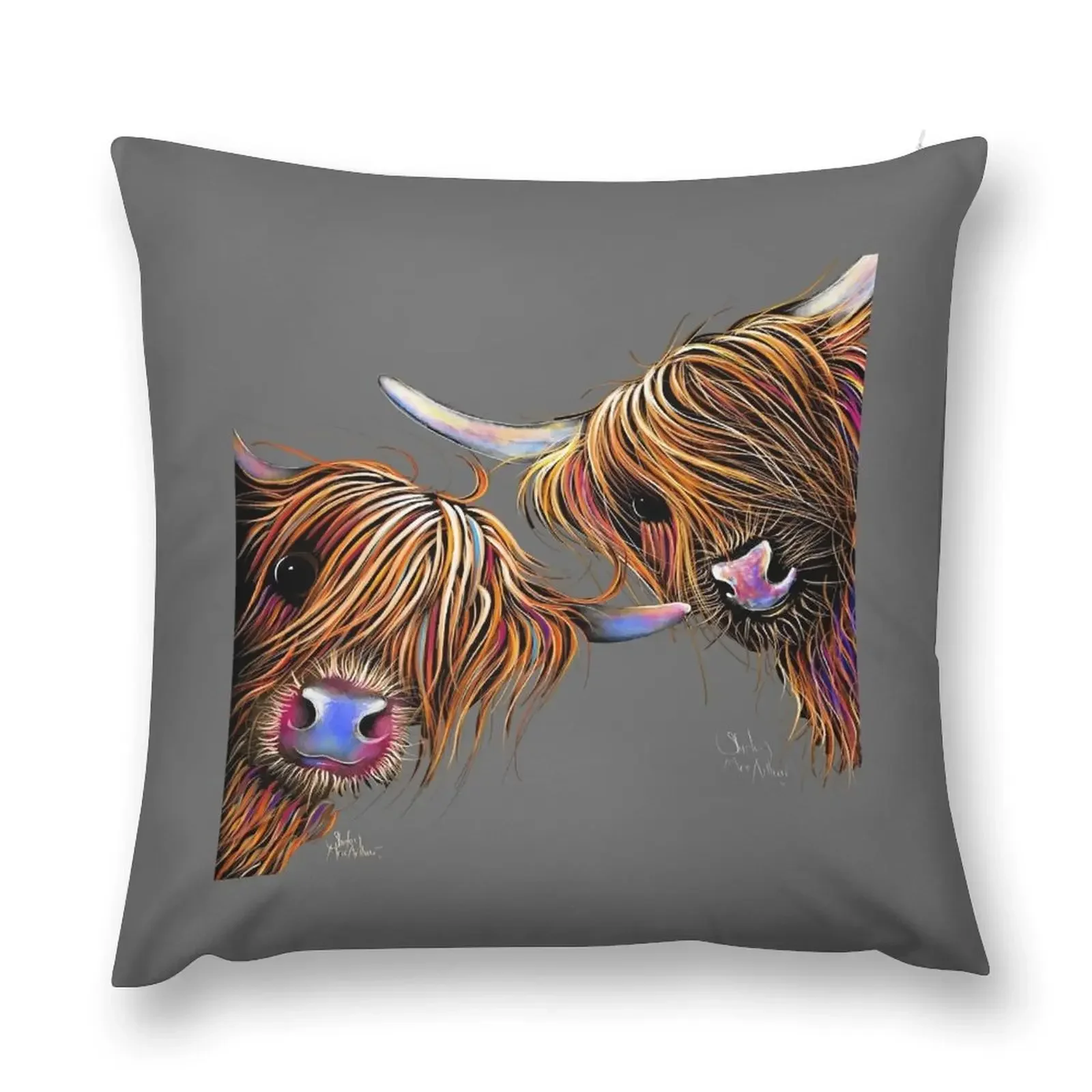 HiGHLaND CoW PRiNT SCoTTiSH ' SuGaR LuMP & NooDLeS oN GReY ' BY SHiRLeY MacARTHuR Throw Pillow anime girl pillow