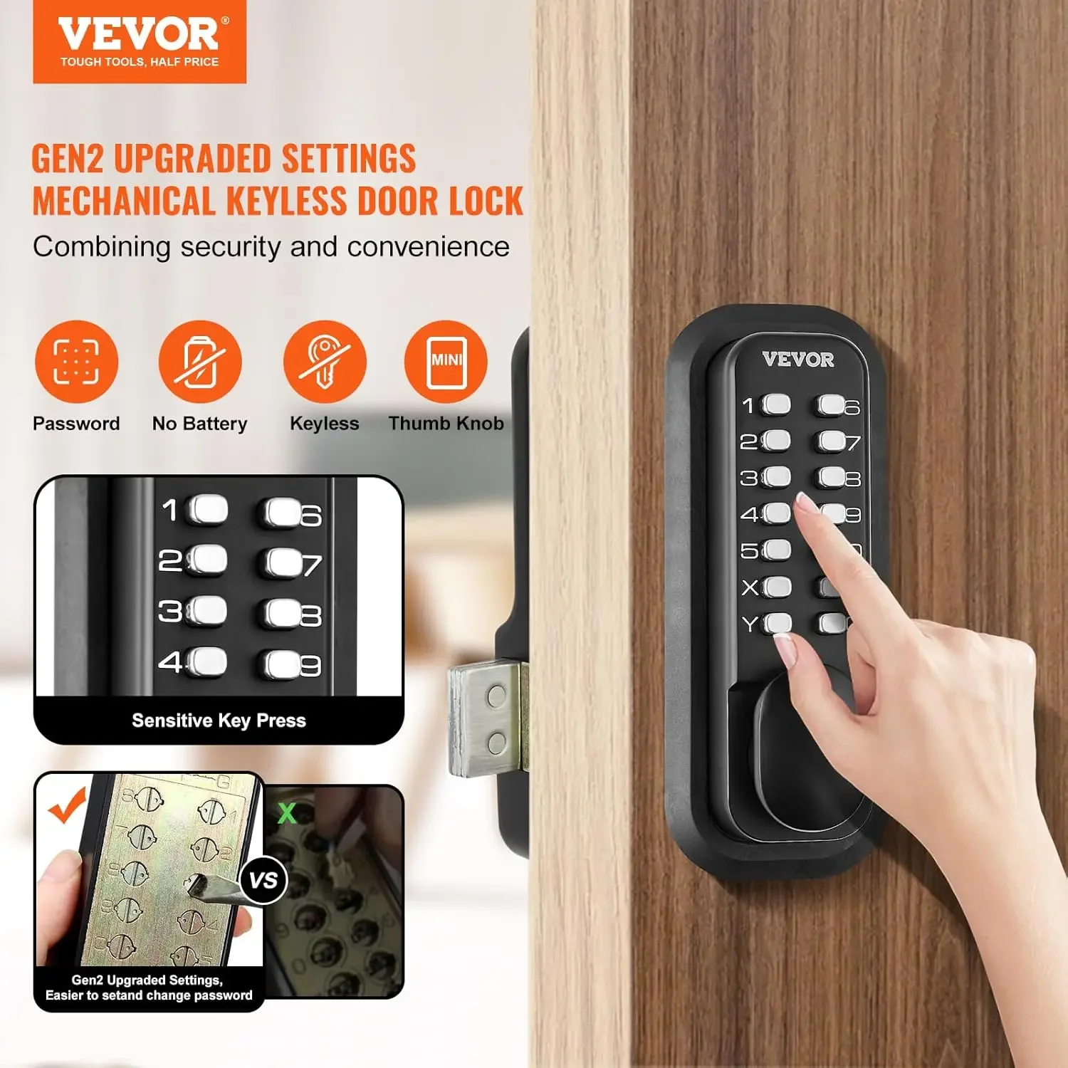 Mechanical Keyless Entry Door Lock, 14 Digit Keypad, Outdoor Gate Door Locks Set with Surface-Mounted Latch, Keypad and Knob