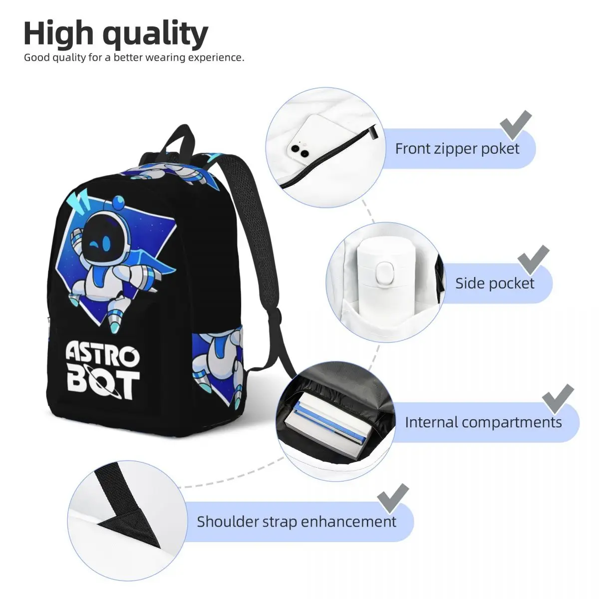 Lindo Astrobot Emotions Mochila de moda Durable Estudiante Senderismo Viajes Astros Sala de juegos Mochila para hombres Mujeres Bolso de hombro universitario