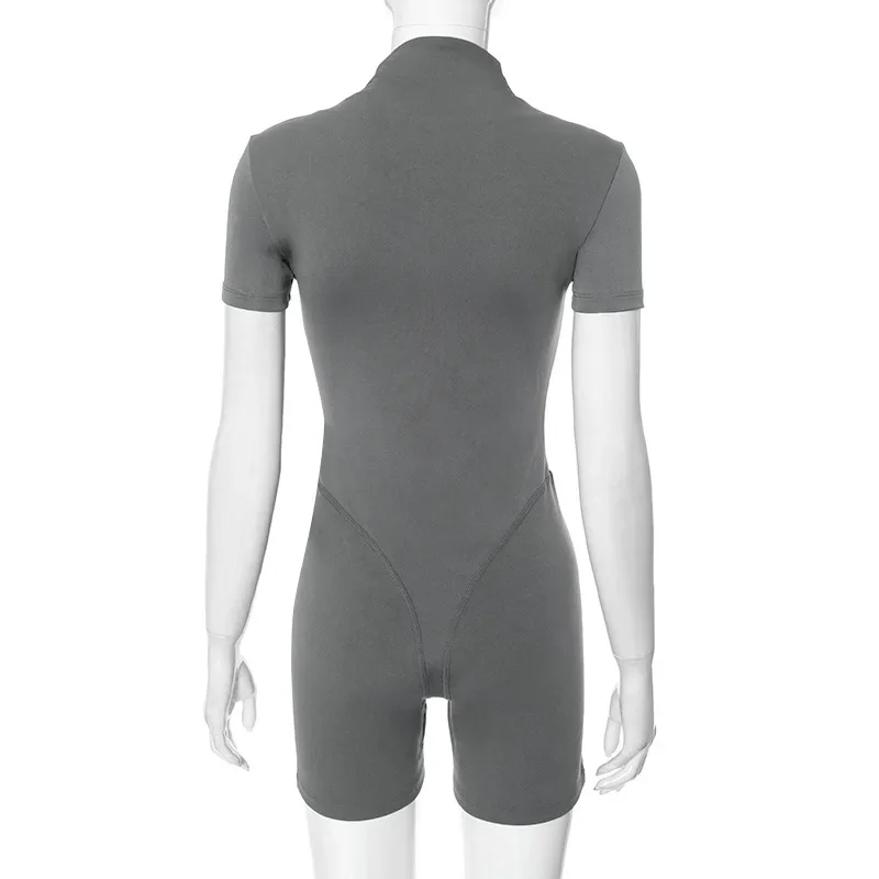 여성 솔리드 스키니 피트니스 운동 Playsuits 하프 하이 칼라 짧은 소매 지퍼 슬림 캐주얼 Rompers 패션 streetwear 전체