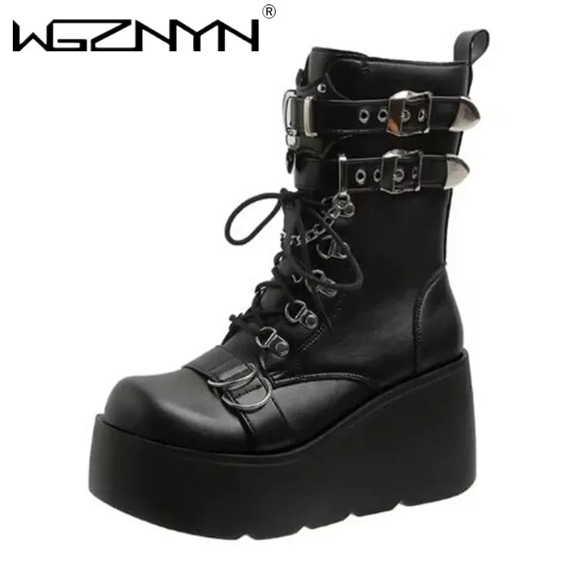 2024 Punk Gothic Platform Women's Ankle Boots Round Toe Chain Decor Wedges High Heels Short Booties Cosplay Lolita Shoes Girls