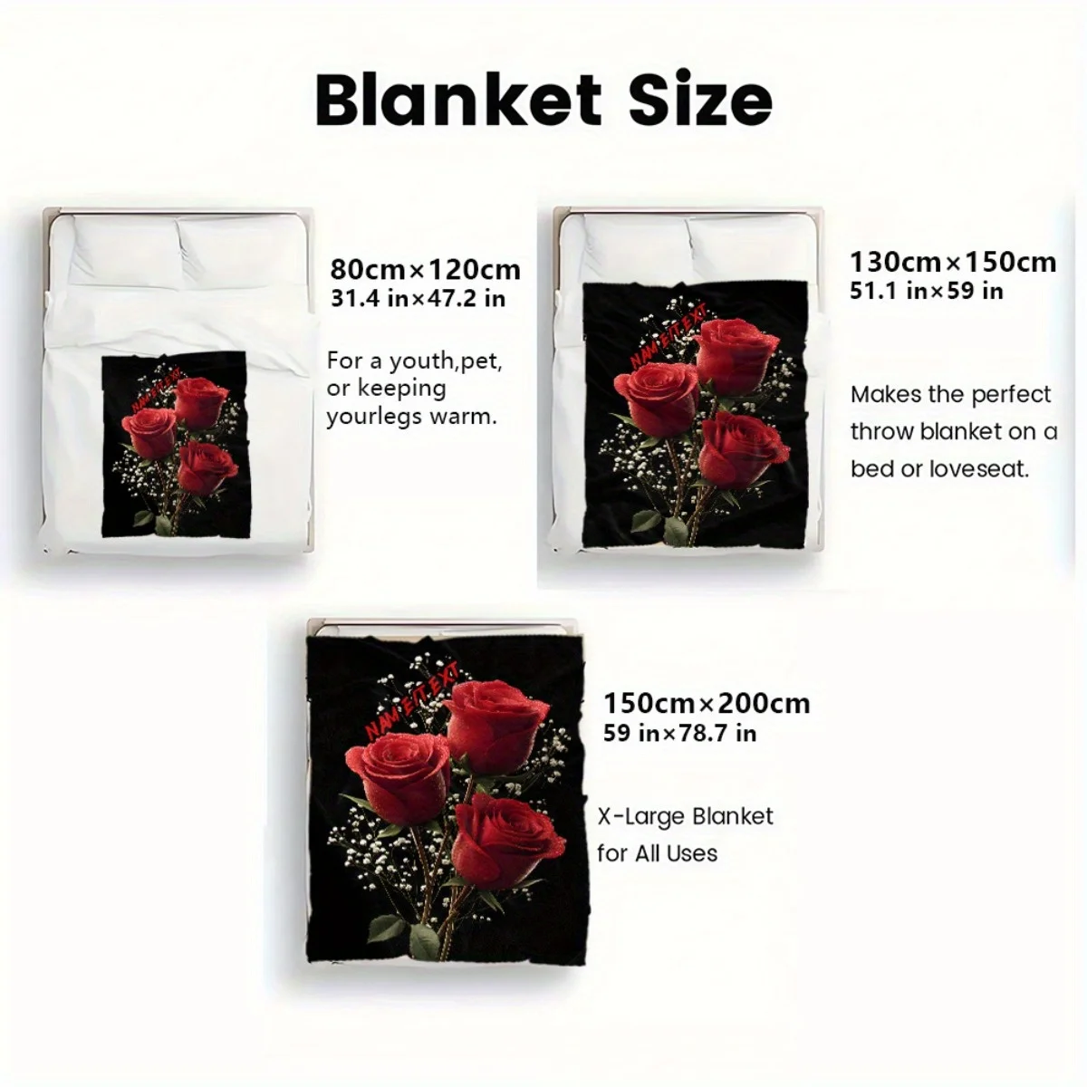 Custom Rose Blanket Red Roses Bouquet Romantic Floral Design Personalized Name Fleece Throw All Season Soft Warm Bedding Home