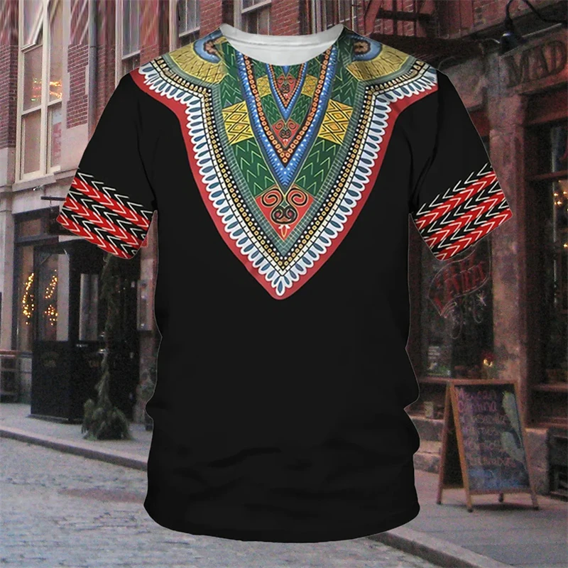 African Traditional Dress Stripe Pirnt T-Shirt Daily Casual Street Crew Neck Short Sleeve Tshirts Ropa Hombre Cool Designs Tops