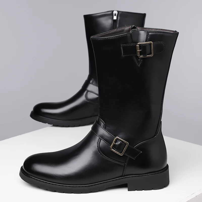 Men Black Mid Calf Boots Metal Buckle Side Zipper Slip Resistant Block Heel Retro Daily Outdoor Fashion Tall Ankle Shoes