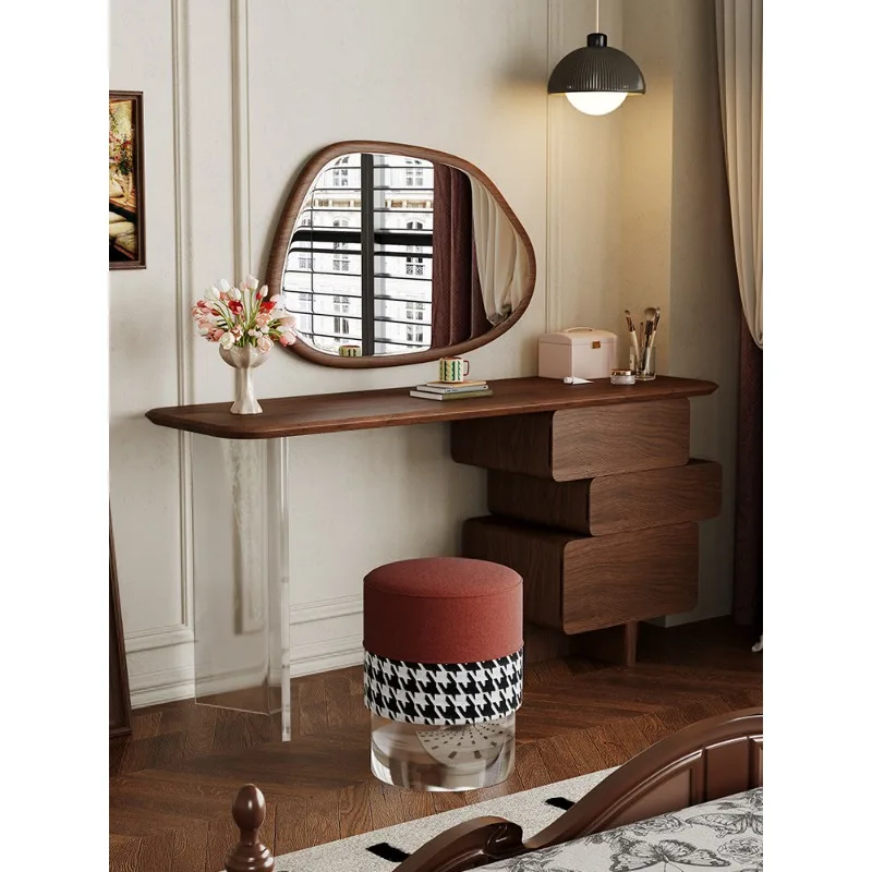 French retro style solid wood dresser retractable bedroom bedside chest, American walnut makeup table