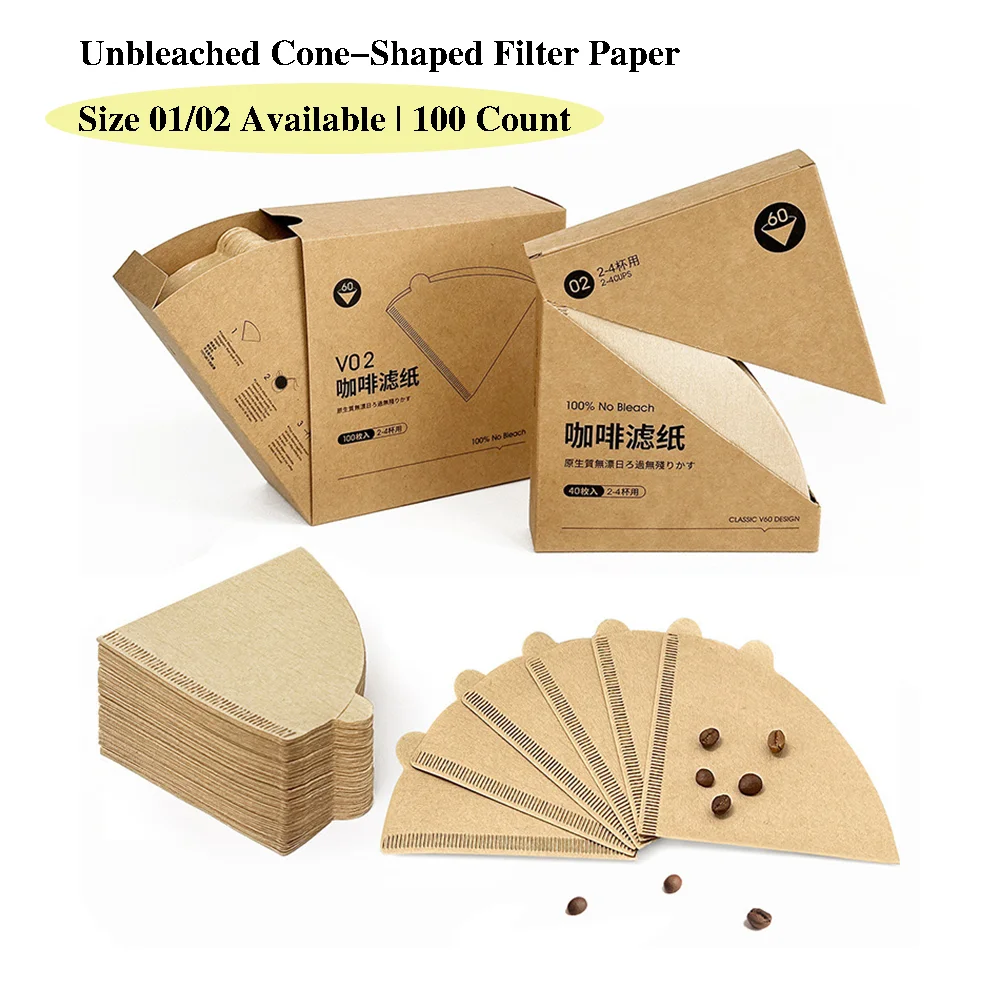 Pour-Over Coffee Filters, Conical Shape, 100 Count, Fits 1-2/2-4 Cup Brewers Natural Paper for American Drip Coffee Makers