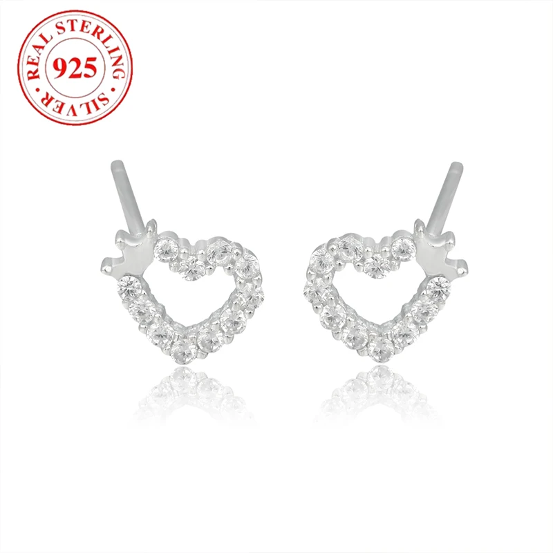 S925 pure silver crown hollowed out full diamond heart-shaped heart shaped earrings for women, low allergy, suitable for women's