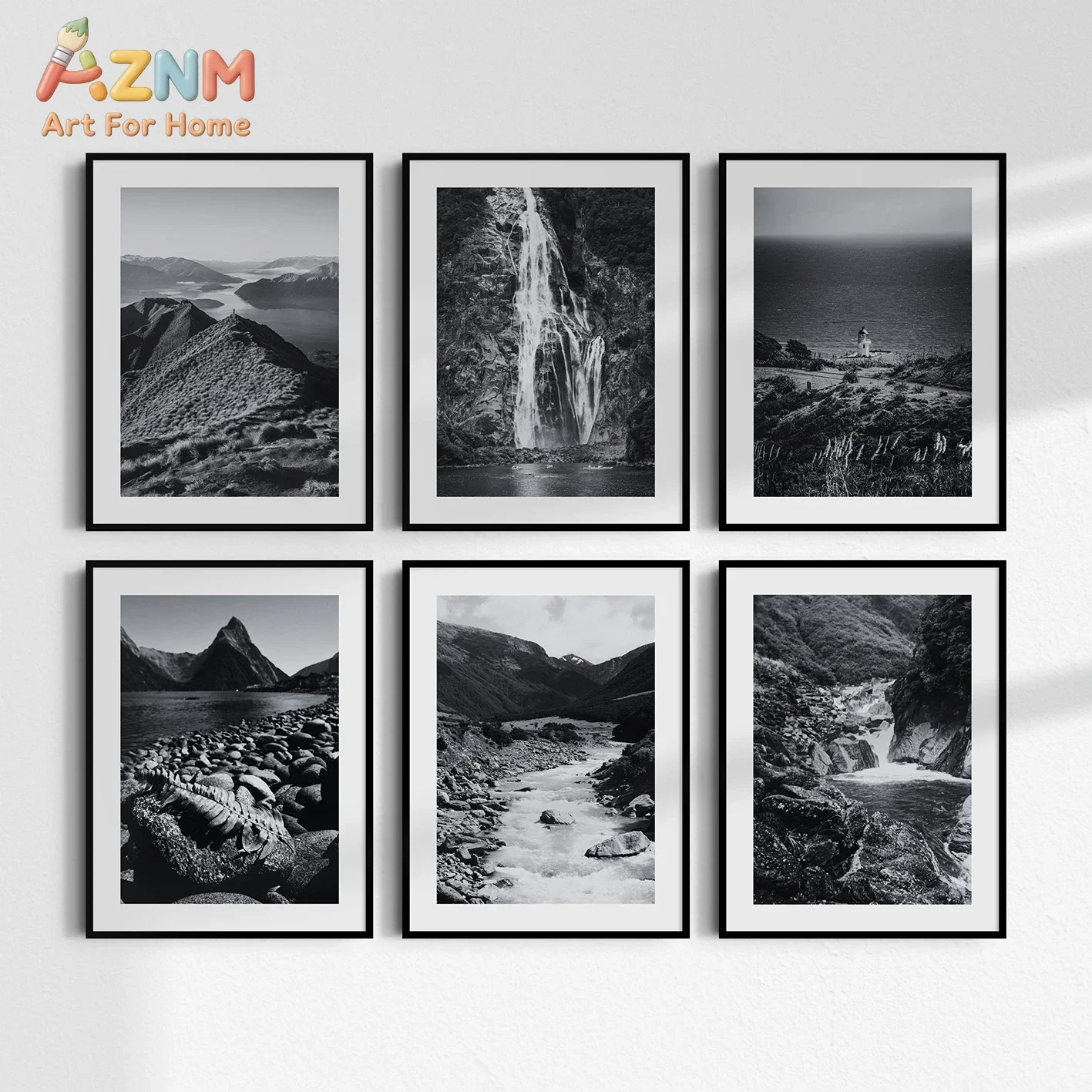 AZNM Black White Mountain Landscape Canvas Wall Art, Waterfall Ocean Nature Scenery Print, Unframed Canvas Painting for Minimali